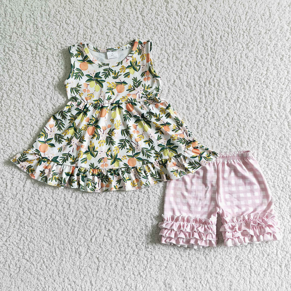 Baby girls peach floral ruffle shorts sets
