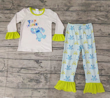 Load image into Gallery viewer, baby girls blue monster ruffle pajamas pants sets
