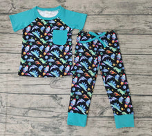 Load image into Gallery viewer, baby boys blue dinosaur pocket top pants sets

