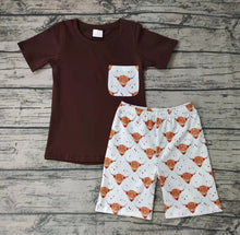 Load image into Gallery viewer, Baby boys brown top western highland pocket shorts sets
