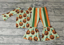 Load image into Gallery viewer, Baby girls fall pumpkin halloween off shoulder top bell pants sets
