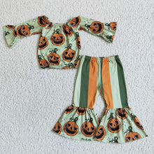 Load image into Gallery viewer, Baby girls fall pumpkin halloween off shoulder top bell pants sets
