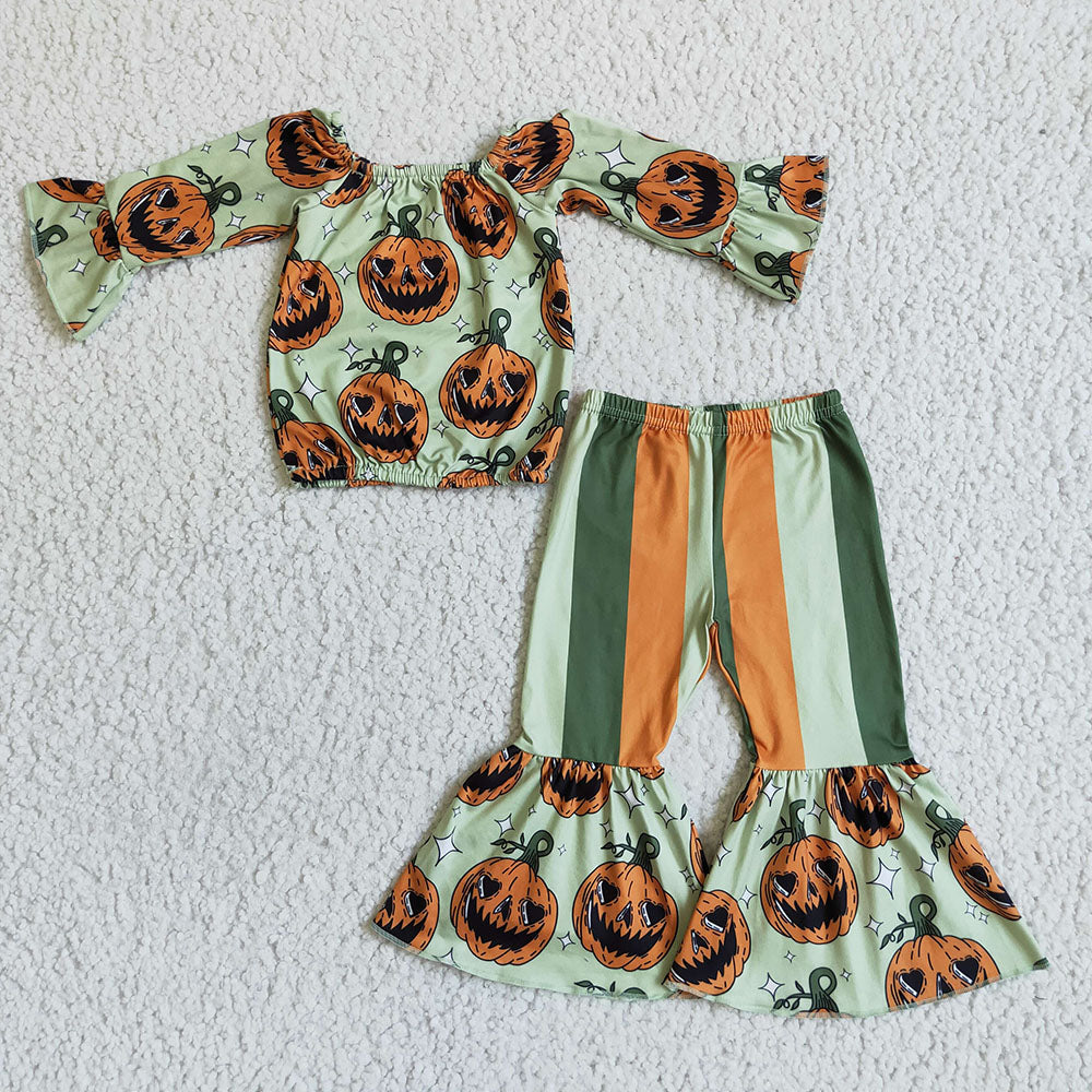 Baby girls fall pumpkin halloween off shoulder top bell pants sets