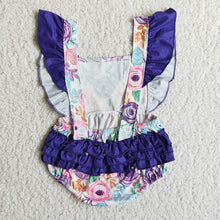 Load image into Gallery viewer, Baby girls purple floral bubble rompers
