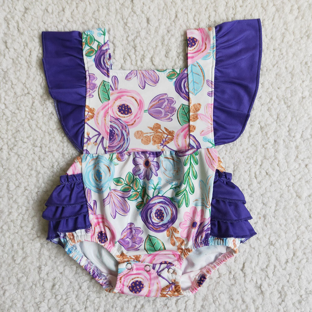 Baby girls purple floral bubble rompers
