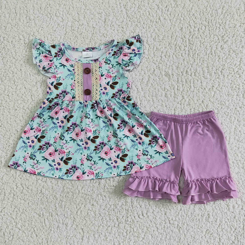 Children purple floral pearl summer shorts sets