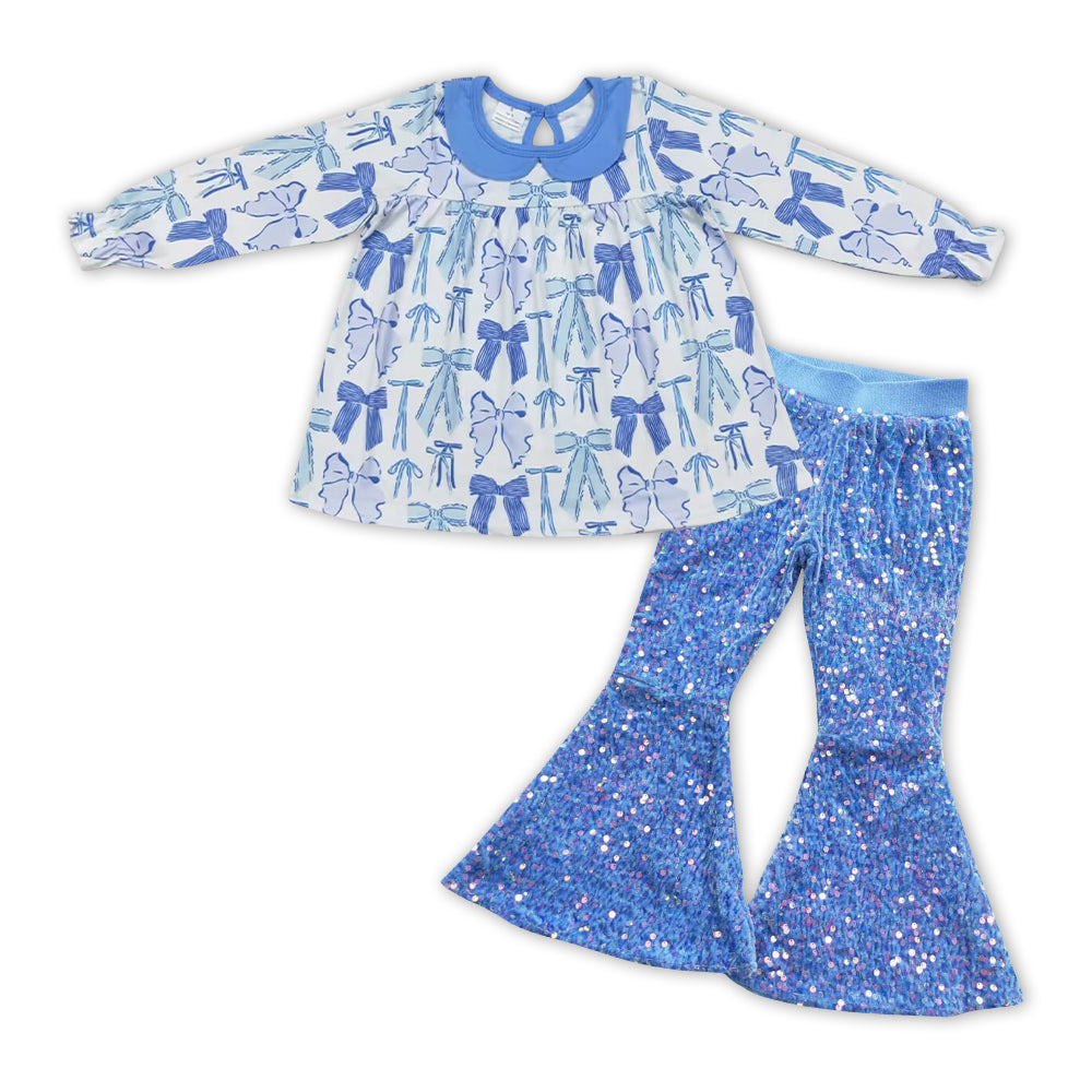 Baby Girls Blue Bows Tunic Sequin Pants clothes sets