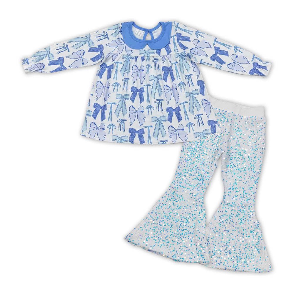 Baby Girls Blue Bows Tunic White Sequin Pants clothes sets