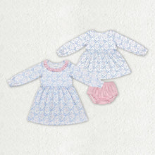 Load image into Gallery viewer, Sibling Girls Blue Bows Flowers Bummie Clothes Dresses
