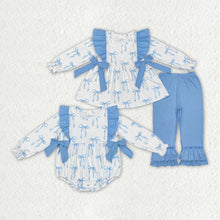 Load image into Gallery viewer, Sibling Baby Girls Blue Bows Rompers Clothes Sets
