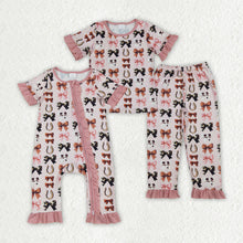 Load image into Gallery viewer, Sibling Baby Girls Pink Western Bows Horse Shoes Rompers Pajamas
