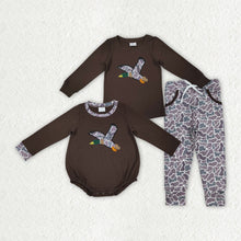 Load image into Gallery viewer, Sibling Embroidery Baby Boys Brown Duck Top Camo Rompers Outfits Sets
