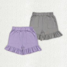 Load image into Gallery viewer, Sibling Baby Girls Lavender Grey Pockets Summer Cotton Ruffle Short Bottoms
