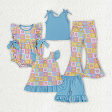 Load image into Gallery viewer, Sibling Baby Girls Blue Top Flowers Rompers Summer Outfits Sets
