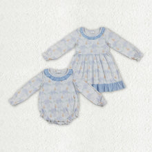 Load image into Gallery viewer, Sibling Baby Girls Blue Pumpkins Flowers Fall Rompers Dresses
