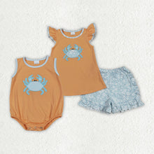 Load image into Gallery viewer, Sibling Embroidery Baby Girls Orange Crab Rompers Outfits Sets
