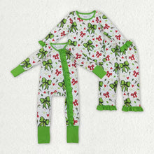 Load image into Gallery viewer, Sibling Baby Girls Christmas Green Red Bows Hearts Rompers Pajamas Sets
