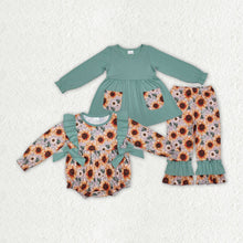 Load image into Gallery viewer, Sibling Sister Baby Girls Green Pockets Sunflowers Rompers Clothes Sets
