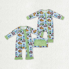 Load image into Gallery viewer, Sibling Girls Baby Infant Boys Green Cars Bamboo Zip Rompers
