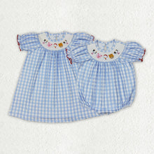 Load image into Gallery viewer, Sibling Baby Girls Blue Plaid Cows Pigs Farm Smocked Rompers Dresses
