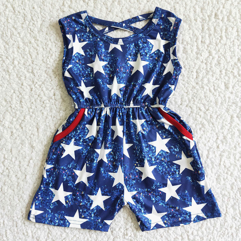 Baby girls 4th of July star blue jumpsuits