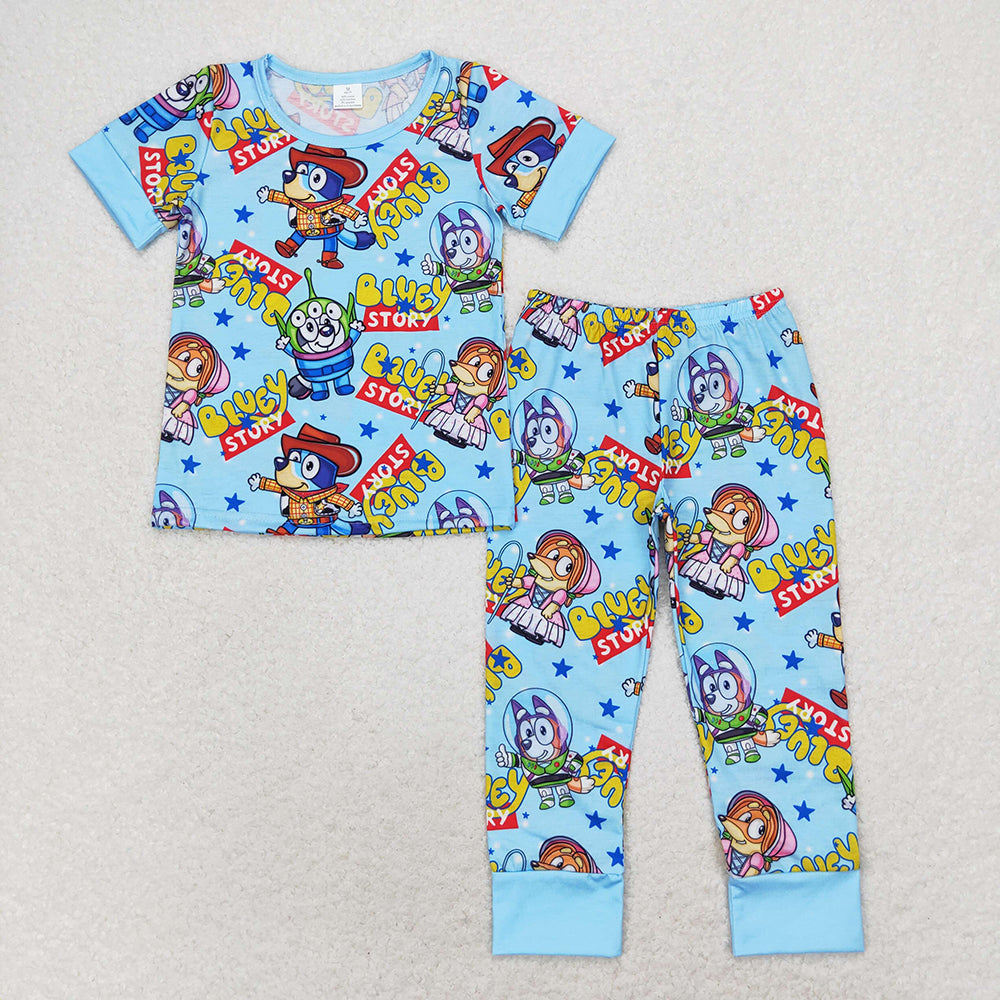Baby Boys Dogs Blue Short Sleeve Shirt Pants Pajamas Clothes Sets