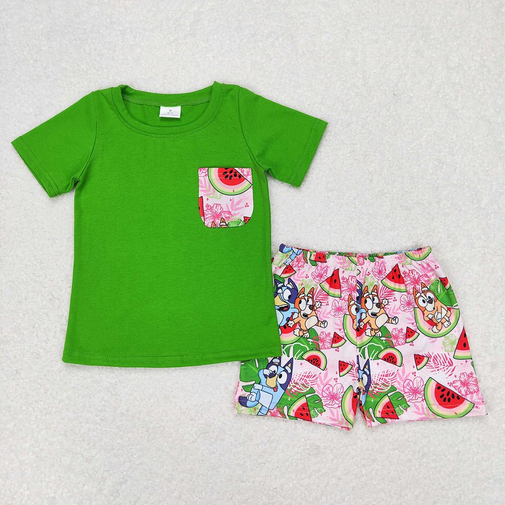 Baby Boys Green Tee Shirts Tops Dog Watermelon Shorts Clothes Sets