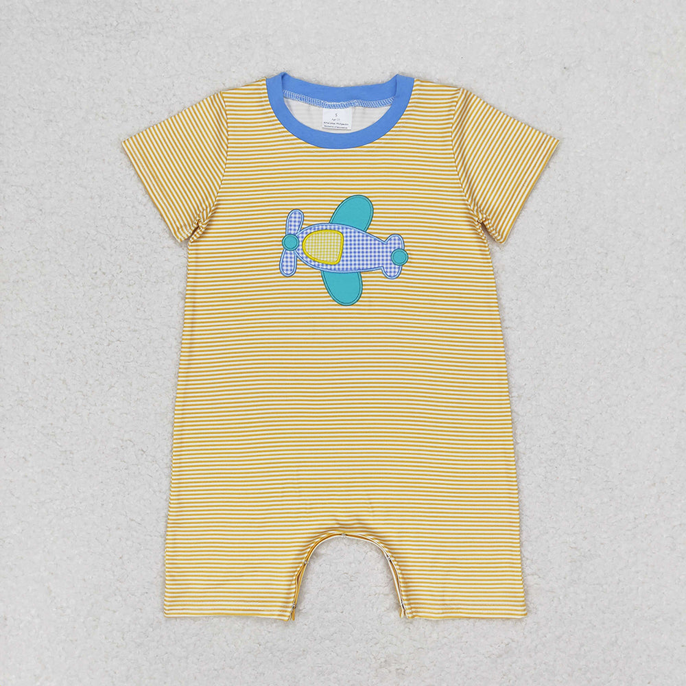 Baby Boys Mustard Stripes Plane Short Sleeve Rompers