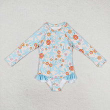 Load image into Gallery viewer, Baby Girls Blue Leaves Flowers Long Sleeve Zip Swimsuits
