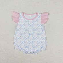 Load image into Gallery viewer, Baby Girls Blue Bows Flutter Sleeve Summer Rompers
