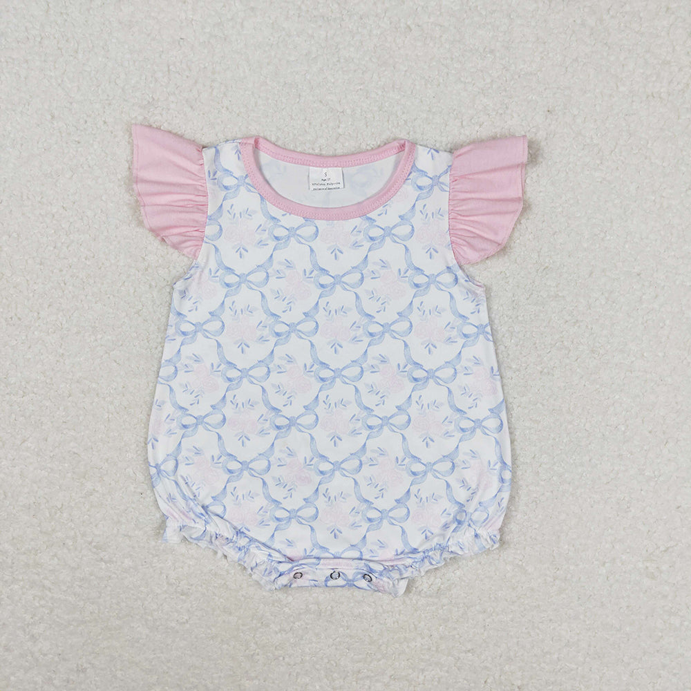 Baby Girls Blue Bows Flutter Sleeve Summer Rompers