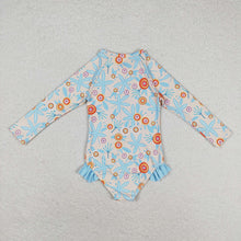 Load image into Gallery viewer, Baby Girls Blue Leaves Flowers Long Sleeve Zip Swimsuits
