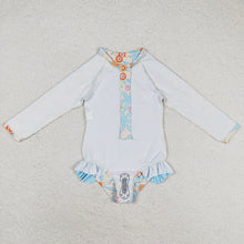 Load image into Gallery viewer, Baby Girls Blue Leaves Flowers Long Sleeve Zip Swimsuits

