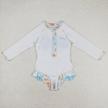 Load image into Gallery viewer, Baby Girls Blue Leaves Flowers Long Sleeve Zip Swimsuits
