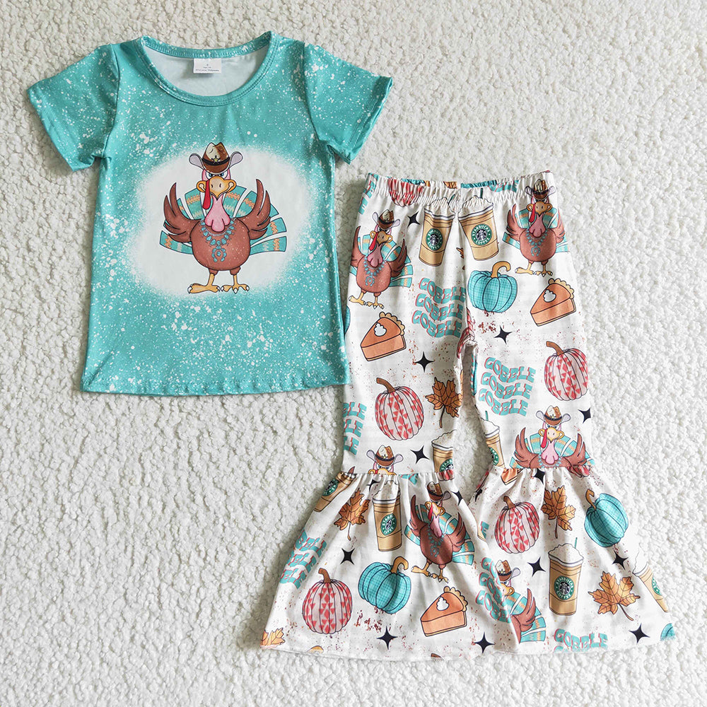 baby girls thanksgiving blue turkey bell bottom pants sets