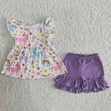 Load image into Gallery viewer, Baby girls summer unicorn pearl icing ruffle shorts sets
