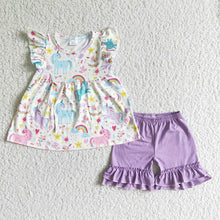Load image into Gallery viewer, Baby girls summer unicorn pearl icing ruffle shorts sets
