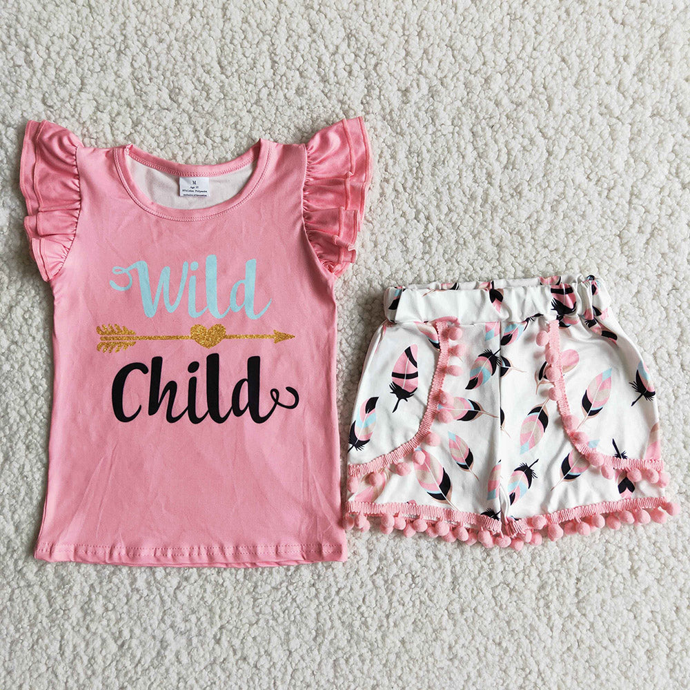 Pink Letter pompom Shorts sets