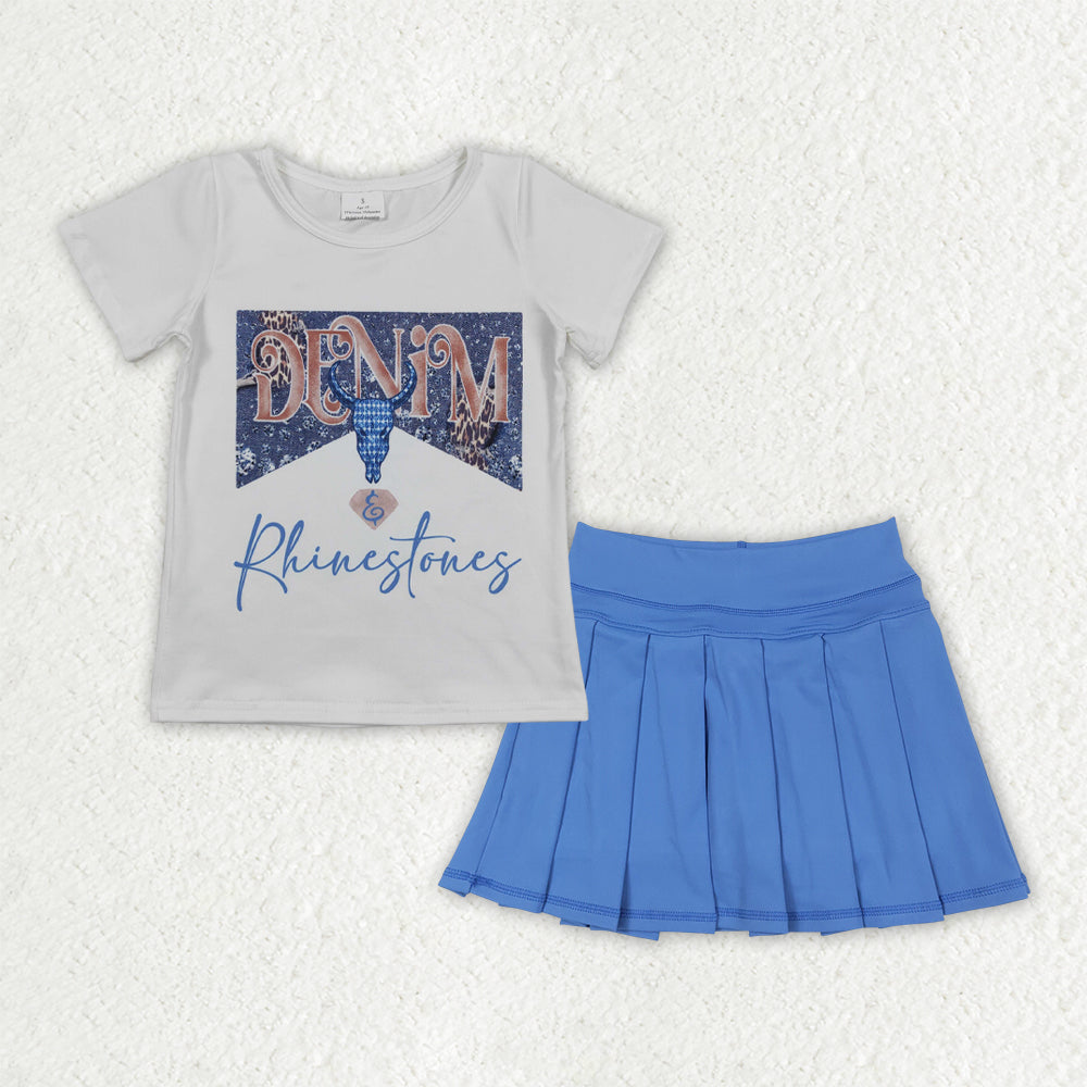 Baby Girls Western Rhinestone Shirt Blue Pleated Skorts Yoga Active Sets