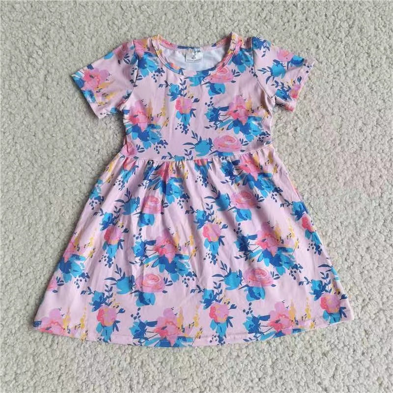 Baby girls blue flower short sleeve dresses 221207