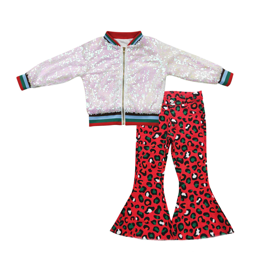 Baby Girls White Sequin Jackets Red Leopard Denim Bell Pants 2pcs Clot ...