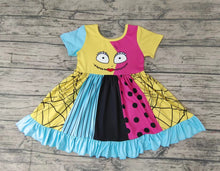 Load image into Gallery viewer, Baby girls Halloween half face flutter sleeve patchwork twirl dresses
