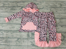 Load image into Gallery viewer, baby girls pink leopard hood top ruffle pants sets
