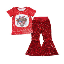 Load image into Gallery viewer, Baby Girls 4th Of July Red Cow Sequin Pants Clothes Sets
