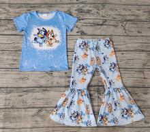 Load image into Gallery viewer, Baby Girls Blue Dog Short Sleeve Shirt Top Flare Pants Clothes Sets
