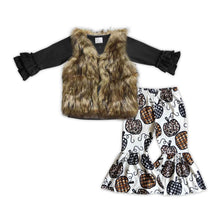 Load image into Gallery viewer, Baby Girls Black Shirt Leopard Pumpkin Brown Fur Vest 3pcs Pants Sets
