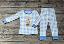 Load image into Gallery viewer, Baby Boys Blue Checkered Dog Easter Eggs Top Pants Pajamas Clothes Sets
