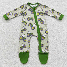 Load image into Gallery viewer, Baby Boys Green Tractor Footie Zip Rompers
