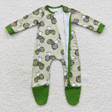 Load image into Gallery viewer, Baby Boys Green Tractor Footie Zip Rompers
