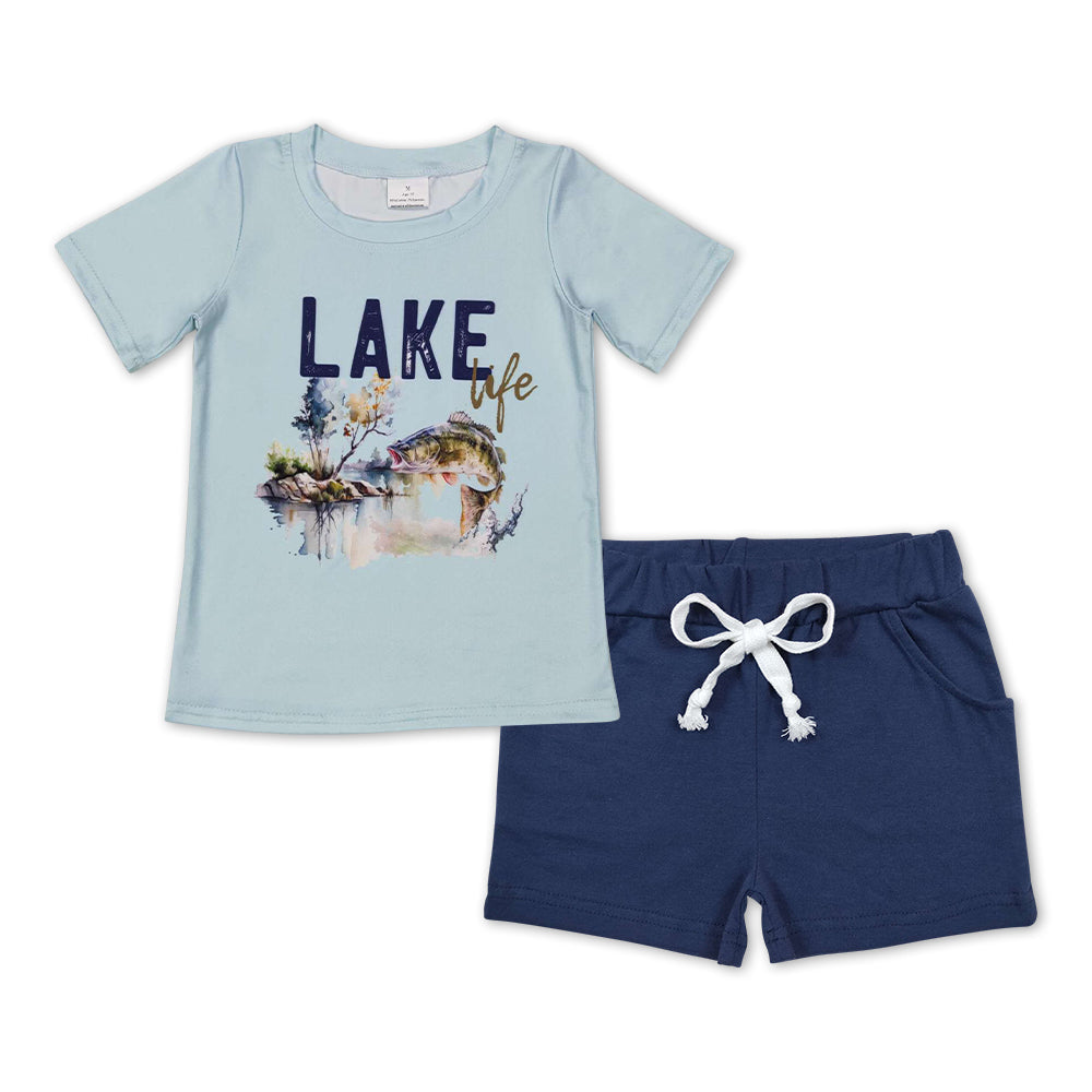 Baby Boys Lake Fishing Top Navy Pockets Shorts Clothes Sets